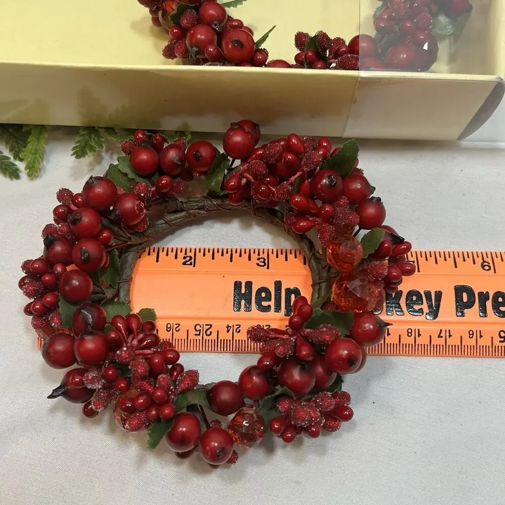 Tag Set of 4 Berry & Beads Candle Rings for 2.5” Pillar Red Berries Christmas